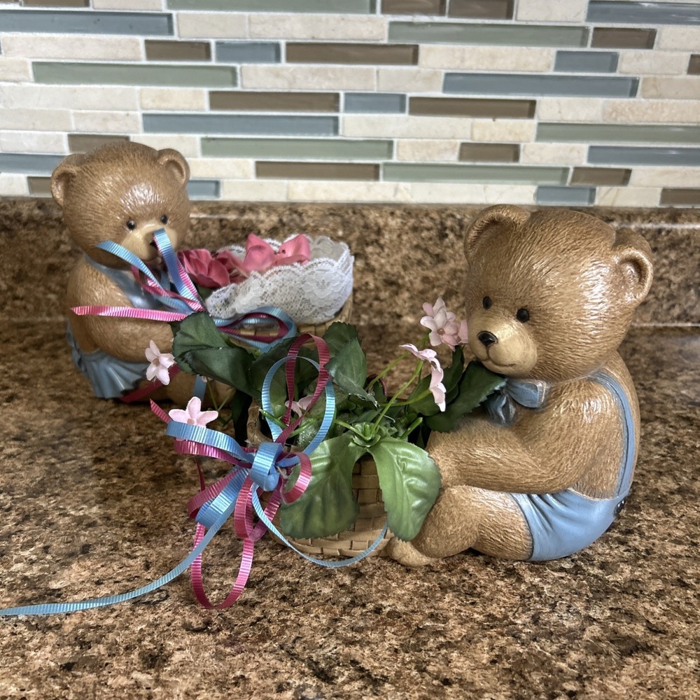 Vintage 1989 Burwood Wall Decor Set Of 2 Bears Wall Planters Teddy Bear Grandma